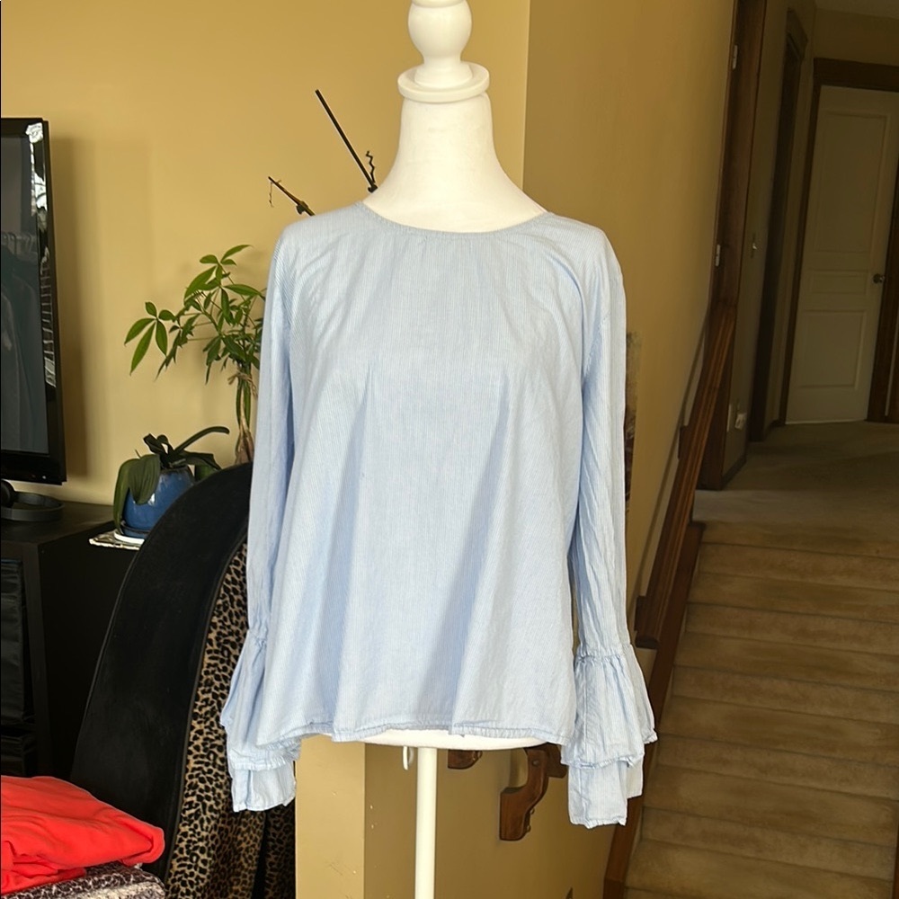 Halogen Blue pin striped Long Sleeve Blouse Relaxed with bell sleeves